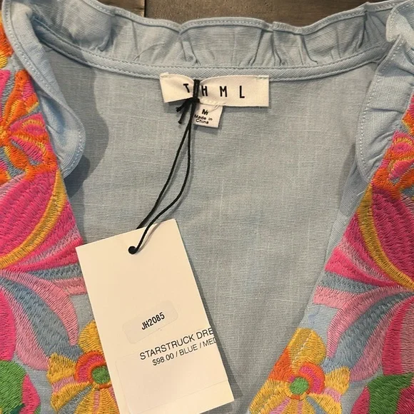 NWT THML Blue Embroidered Floral Dress Sz M - Picture 6 of 9